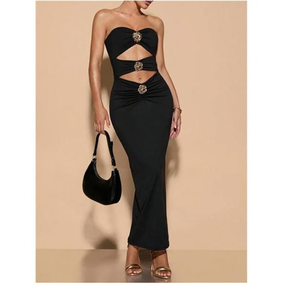 Women's Metal Flower Cut Out Strapless Tube Top Dress Sleeveless - Picture 4 of 6